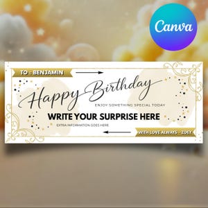 以下が含まれることがあります： 金と白のデザインの長方形の誕生日バナー。「Happy Birthday」という文字がエレガントな筆記体で書かれており、サプライズを書くスペースがあります。「To: Benjamin」と「With love always - Zoey」の文字も含まれています。