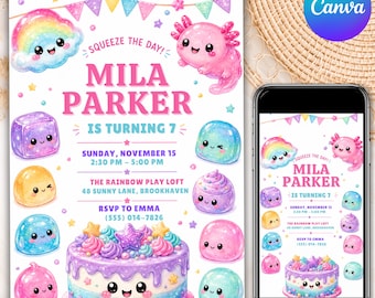 May include: A birthday invitation card featuring a pink axolotl, a rainbow cloud, and various colorful mochi-style characters. The text reads: SQUEEZE THE DAY! MILA PARKER IS TURNING 7, SUNDAY, NOVEMBER 15, 2:30 PM - 5:00 PM, THE RAINBOW PLAY LOFT, 48 SUNNY LANE, BROOKHAVEN, RSVP TO EMMA (555) 014-7826.