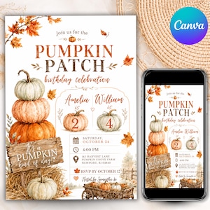 May include: A birthday invitation featuring watercolor pumpkins, autumn leaves, and a wooden sign with the text 'It's a PUMPKIN kind of day!'. The design includes the text 'Join us for the PUMPKIN PATCH birthday celebration', names, dates, and location details.