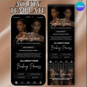 Könnte beinhalten: Schwarz-weiß digitales Template für eine Buchungsseite eines Friseurs, mit dem Text "Styled by Sophia Grace" und Informationen zu Haarverlängerungen und Flechtarbeiten. Das Template enthält Abschnitte für Buchungsdetails und zukünftige Dienstleistungen.