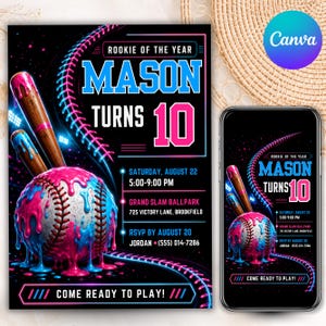 Puede incluir: Una invitación de cumpleaños con temática de béisbol, pintura de neón azul y rosa goteando sobre una pelota y dos bates de madera. El texto dice: Rookie of the Year, Mason Turns 10, Saturday August 22, 5:00-9:00 PM, Grand Slam Ballpark, 725 Victory Lane, Brookfield, RSVP by August 20, Jordan (555) 014-7286, Come Ready to Play!