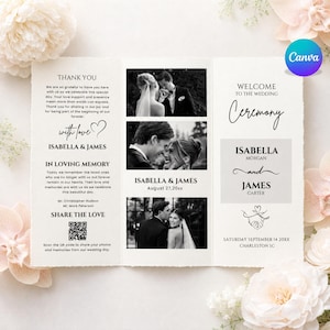 Elegant trifold bröllopsprogrammall • Modern fotobroschyr (digital nedladdning)