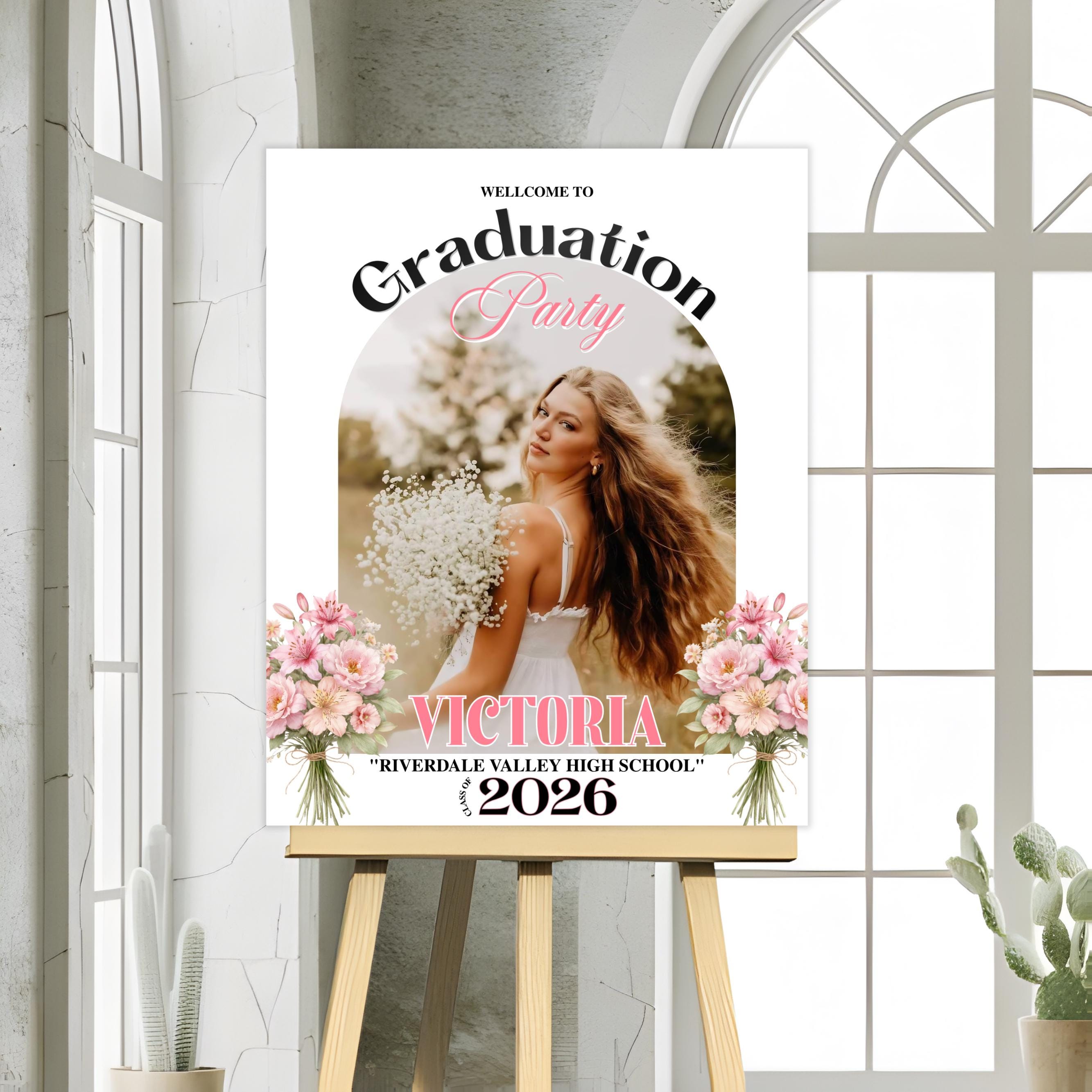 Hello April Graduation Spring Graduation Party Welcome Sign With Photo, Floral Grad Poster ...