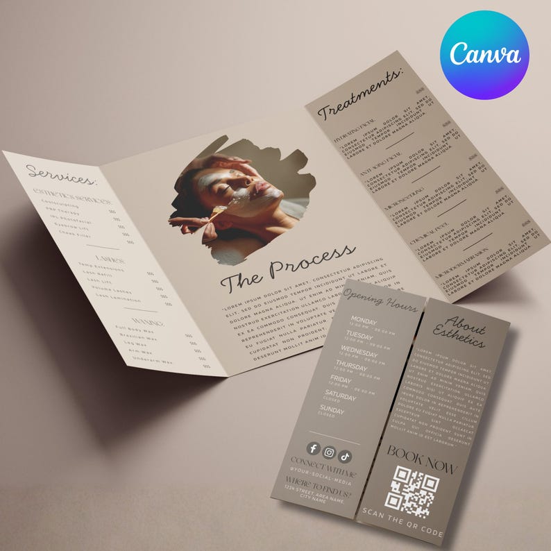 Esthetician Trifold Brochure, Med spa Skincare Beauty Brochure Template, Beauty Salon Price List, Beauty Esthetician Flyer, Canva Editable