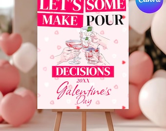 Galentine's Day Party Poster, Pink Cocktail Night Welcome Sign, Valentine's Party Printable Decor, Girls Night Party Sign, Canva Editable