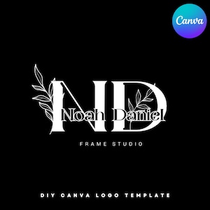 Può includere: Un design del logo in bianco e nero con le iniziali "ND" e il nome "Noah Daniel" al centro. Il design include elementi floreali e il testo "FRAME STUDIO" e "DIY CANVA LOGO TEMPLATE". Un logo Canva si trova nell'angolo in alto a destra.