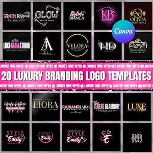 May include: A collection of 20 luxury branding logo templates on a black background. The logos feature various fonts and designs, with accents of pink, gold, and white. Text includes "The Mink Majesty," "Glow," "Styled by Bianca," and "20 Luxury Branding Logo Templates."