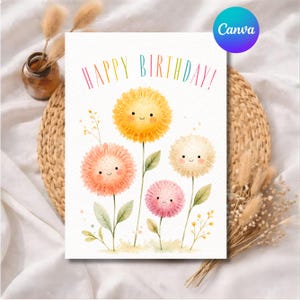 May include: A rectangular greeting card featuring a watercolour illustration of four smiling, anthropomorphic flowers in yellow, peach, and pink. The text "HAPPY BIRTHDAY!" is printed in a multi-coloured, arched font at the top of the white card.