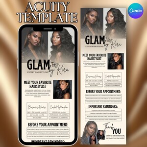 Könnte beinhalten: Digitale Werbung für einen Friseur, mit dem Text "GLAM by Kira, Expert Hair Styling". Das Design umfasst Bilder von Frauen mit Frisuren, Geschäftszeiten, Kontaktinformationen und Terminerinnerungen.