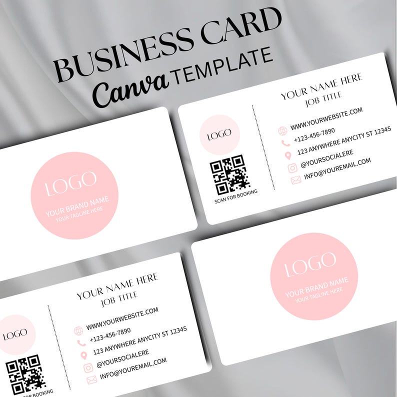Business Card Template, QR Code Business Card, Printable Calling Card, Editable Pink Business Card, DIY Canva Template, Instant Download