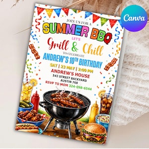 Könnte beinhalten: Eine farbenfrohe Einladung zu einem Sommer-BBQ und einer Geburtstagsfeier. Das Design zeigt den Text "Summer BBQ Grill & Chill" und "Andrews 10. Geburtstag". Die Einladung enthält Illustrationen von Grillgut, Getränken und Partydekorationen.