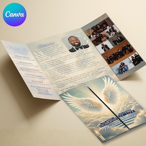 May include: A tri-fold memorial program with a photo of a man in a suit and bow tie. The program includes text about the deceased, a photo collage, and angel wings with the words "Celebration of Life".