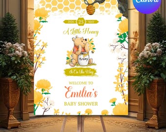 Winnie The Pooh Baby Shower Welcome Sign, Gender Neutral Welcome Sign, Gender Neutral Girl Boy Welcome poster, Canva Editable WelcomeSign