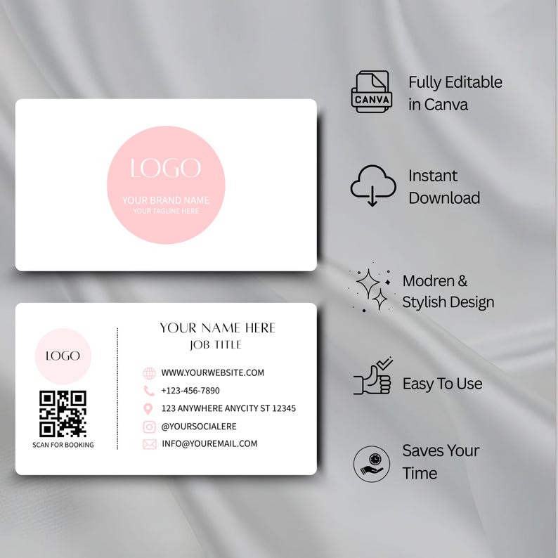 Business Card Template, QR Code Business Card, Printable Calling Card, Editable Pink Business Card, DIY Canva Template, Instant Download