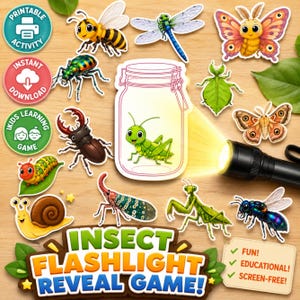 Puede incluir: Un juego imprimible de revelar insectos con linterna que incluye ilustraciones de dibujos animados de abeja, libélula, mariposa, escarabajo, caracol, oruga, mantis y saltamontes en un frasco, una linterna negra y el texto INSECT FLASHLIGHT REVEAL GAME.