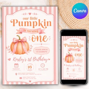 May include: A birthday invitation card featuring a watercolor pumpkin with a pink bow, striped background, and text reading Our little Pumpkin is turning one, Kinsley's 1st Birthday, October 16 2026, at 1:00 PM, Maple Grove Pumpkin Patch, 134 Autumn Lane, Toronto, ON.