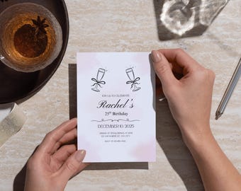 Champagne Birthday Invitation Template, Editable Gold Invite (Canva Template, Instant Download)