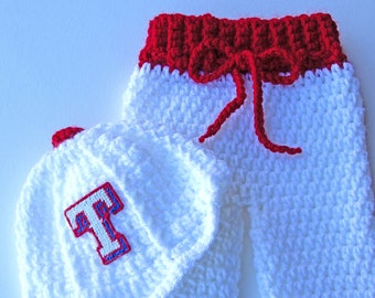 SALE Texas Rangers- inspired cap and pants SET  size newborn to 2 months Crochet