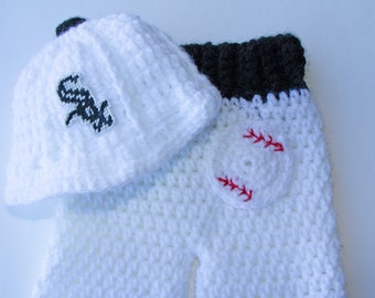 SALE  Chicago White Sox- inspired cap and pants SET size newborn to 2 months Crochet