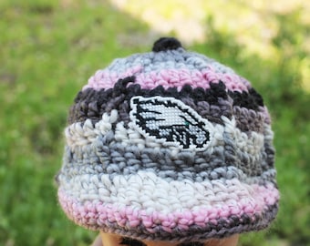 Philadelphia Eagles inspired Cap chunky yarn pink & gray crochet 3-5  months GIRL Crochet