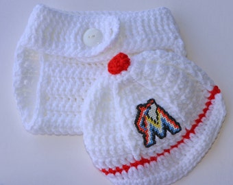 SALE  Miami Marlins inspired cap & diaper cover Set for boy or girl Newborn to 2 months Crochet