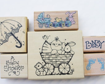 Baby Shower rubber stamps Misc. Wood mounted baby buggy Umbrella Baby blocks toys Footprints