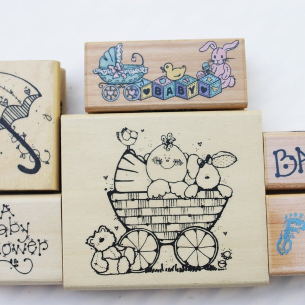 Baby Shower rubber stamps Misc. Wood mounted baby buggy Umbrella Baby blocks toys Footprints