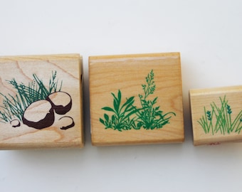 Scattered Stones AND Leaves and Grasses AND Wild Grass rubber stamps Rubber Stampede and Comotion Rubber Stamps wood mounted Meadow garden