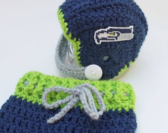 SALE  Seattle Seahawks inspired helmet & pant Set Newborn  Crochet with logos NOT made with felt