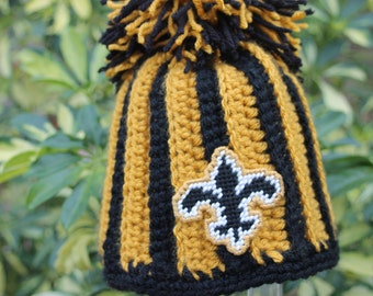 New Orleans Saints-inspired Sport hat Striped black and dark gold Crochet with logo NOT made with felt