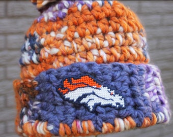Denver Broncos inspired hat bulky warn Warm hat yarn teen adult  22 inches Crochet