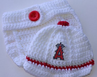 SALE  Los Angeles Anaheim Angels Cap & Diaper cover SET Newborn photos Crochet