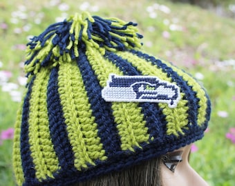 Seattle Seahawks inspired sports hat with floppy pom pom, 3-10 yr old, Crochet with logo NOT made with felt