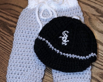 SALE  Chicago Whte Sox inspired baseball cap & pants Set, Size newborn - 2 months, Crochet with logo NOT made with felt