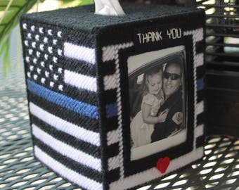 Police Tissue box cover, Law enforcement, Thin blue line, police flag, Bank,Photo tissue box,plastic canvas