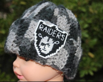 Oakland Raiders inspired football Hat gray camo for 3-6 months Crochet with one logo NOT made with felt