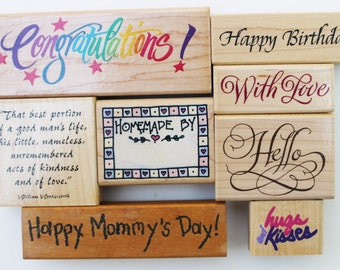 Rubber stamp Greetings 8 total Hello. With Love. Homemade b.y Congratulations. Hugs and Kisses, Happy Mommy's Day, Wood mounted