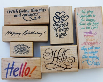 Misc Greetings rubber stamps 7 total PSX Rubber Stampede Stampa Barbara Wood mounted Hello Happy Birthday Hand stamped Eagles wings