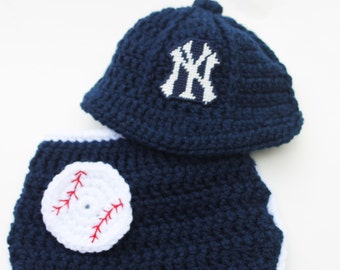 SALE  New York Yankees inspired cap hat and diaper Set Size newborn to two months Crochet with logo NOT made with felt