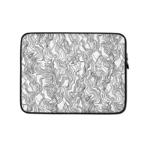 May include: Laptop sleeve with a black and white abstract line pattern. The design features a series of wavy, interconnected lines against a white background. The sleeve has a black border and a zip closure.