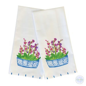 Orchids in Blue Chinoiserie  Tea Towel