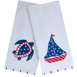 July 4th Patriotic Beach Tea Towels Sea Turtle Sailboat Starfish Sea Horse