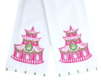 Holiday Chinoiserie Pink Pagoda Tea Towel