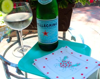 Servilletas de lino para cóctel con diseño de cangrejo turquesa y coral: Regalos para chiringuitos de playa