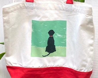 Black Beach Dog Cotton Tote Bag/ Personalize it