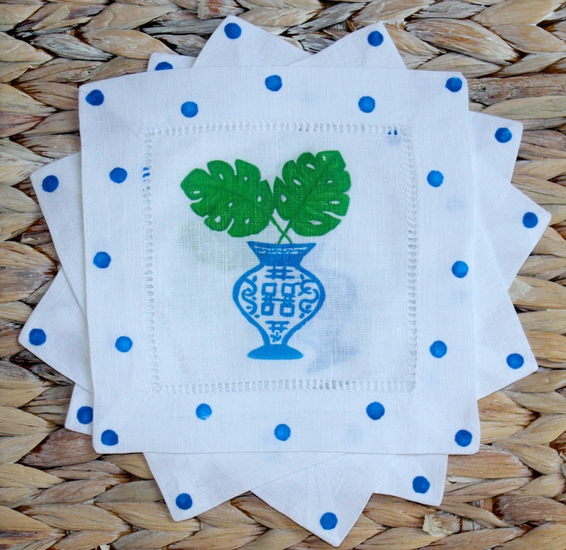 Blue Chinoiserie Monstera Leaf Linen Cocktail Napkins