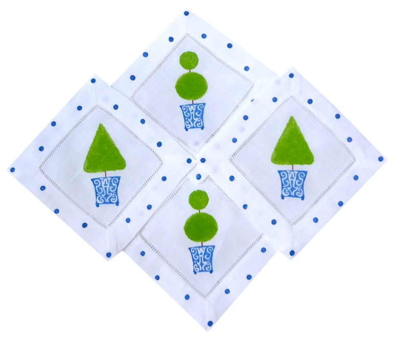 Lemondaisy Design Chinoiserie Topiary Linen Cocktail Napkin - Thumbnail 3
