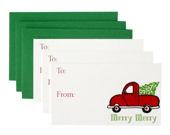 Set di 10 biglietti regalo con allegato di camion di Natale rosso, etichette regalo, biglietti di Natale