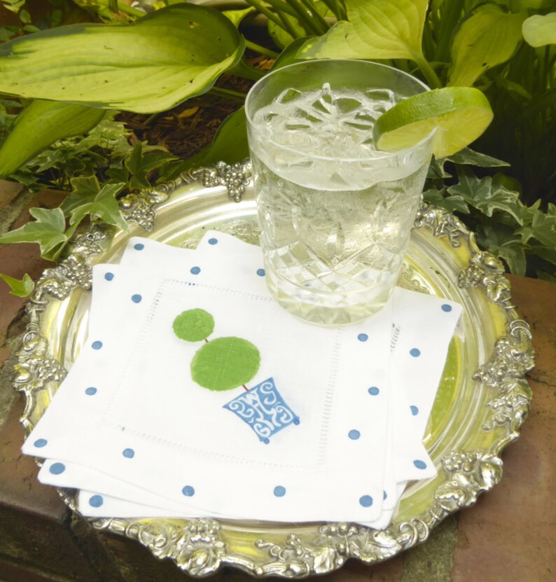 Lemondaisy Design Chinoiserie Topiary Linen Cocktail Napkin - Thumbnail 2