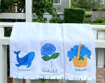 Nantucket Hydrangeas Basket/Whale  Kitchen Towel Beach Decor Hostess Gift